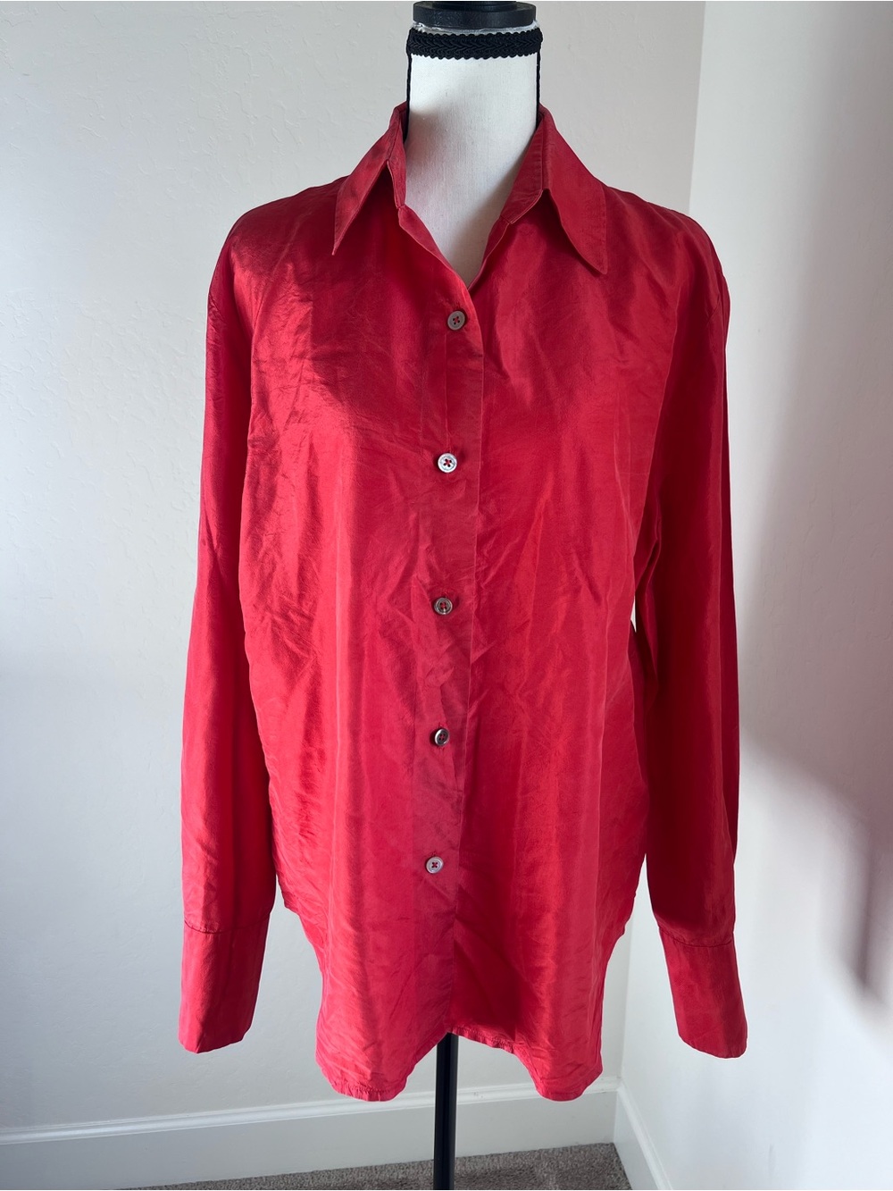 Linda Allard Ellen Tracy Red 100% Silk Button Front Shirt Size 14